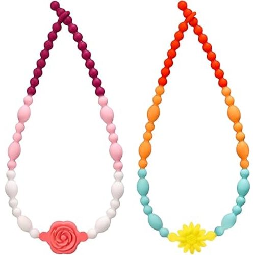 Teething Necklace for Baby, One-Piece Safety Design for Toddler, Chew Necklaces for Sensory Kids Adults with Autism, ADHD, Fidget, Biting, Anxiety - Flower Chew Jewelry Toys for Teething Relief