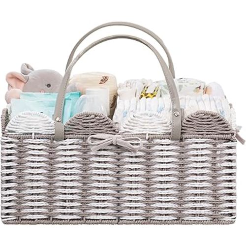 HBlife Baby Diaper Caddy, Paper Rope Storage Baskets Nursery Bin with Removable Divider, Portable Car Organizer for Diapers, Baby Shower Gifts, Newborn Essentials Must Haves