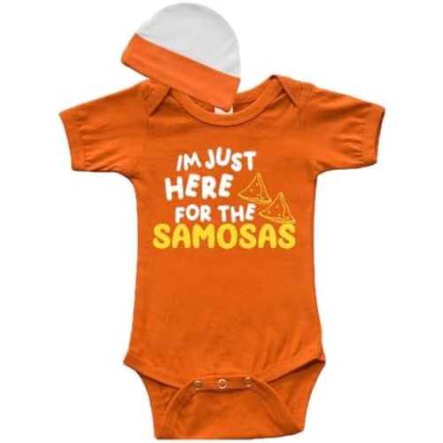 Funny Desi Baby Outfit, Indian Party Baby Bodysuit and Cap Gift set - Im here for the Samosas