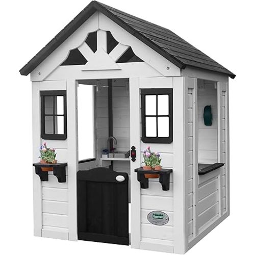 Backyard Discovery Sweetwater All Cedar White Modern Outdoor Wooden Playhouse, Cottage, Sink, Stove, Windows, Kitchen with Pot and Pans and Utensils, Flowerpot Holders, Working Doorbell, Ages 2-6