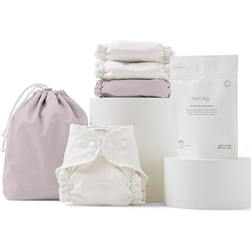 Esembly Cloth Diaper Try-It Kit, Starter Gift Set, Includes 3 Organic, Reusable Diapers Inners, 1 Stylish Outer, Patented Detergent & Wet Bag - Earth-Friendly Diapering, Amethyst, Size 2 (18-35lbs)