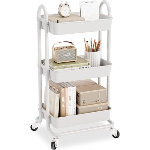 KINGRACK 3-Tier Rolling Utility Cart with Lockable Wheels, Heavy Duty Carbon Steel Storage Trolley, Multipurpose Organizer for Nursery, Bathroom, Kitchen & Office,White