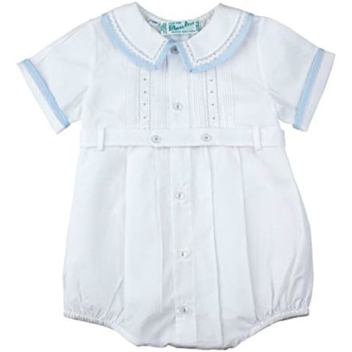 Feltman Brothers Baby Boys White Belted Bubble Outfit with Blue Trim