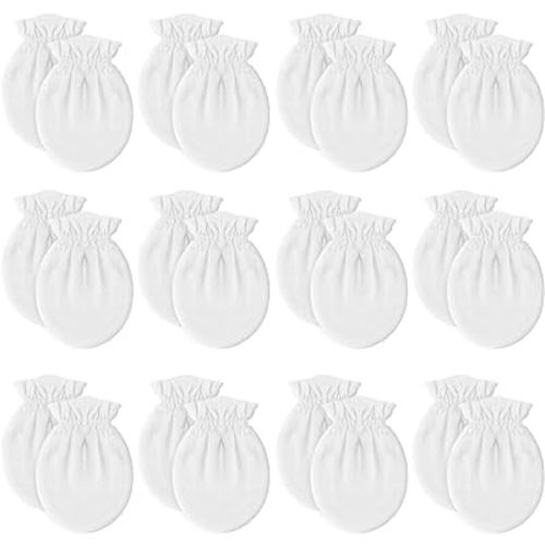 12 Pairs Newborn Baby Mittens,Unisex-Baby No Scratch Mittens,100% Cotton White Mittens for Baby 0-6 Months
