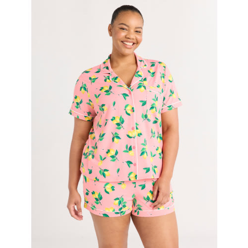 Joyspun Women’s Short Sleeve Knit Notch Collar Top and Shorts Pajama Set, 2-Piece, Sizes XS-3X