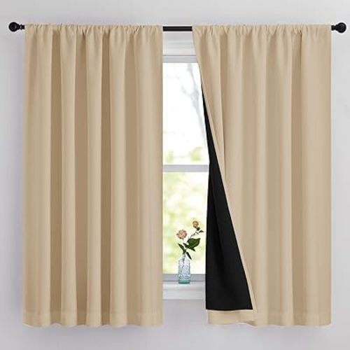 NICETOWN Bedroom Full Blackout Curtain Panels, Super Thick Insulated Window Covers, Rod Pocket Draperies with Black Liner for Short Window (Biscotti Beige, Set of 2 PCs, 62 by 63-inch)