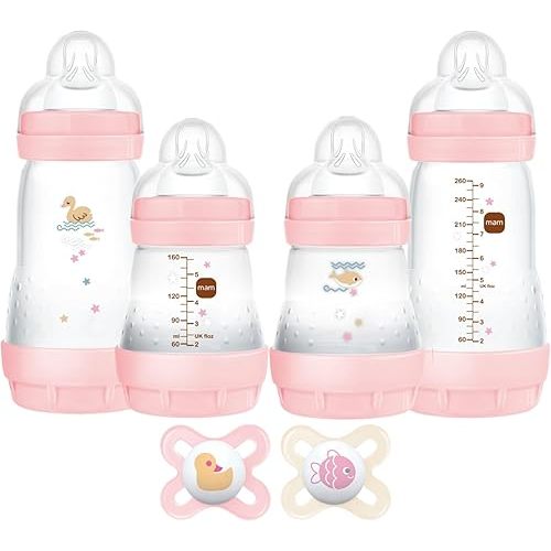 MAM Feed & Soothe Feeding Set, Newborn Essentials Must Have for 0-3 Months, Including 6 Pieces, Anti-Colic Baby Bottle Self-Sterilizing, Skinsoft Silicone Pacifiers, Baby Gift, Girl