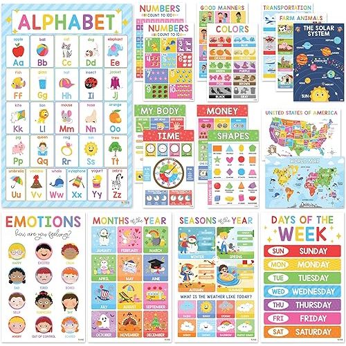 BEAWART 18 Laminated Educational Posters For Toddlers, Preschool Posters for Classroom, Kindergarten Wall Decor, PreK Learning Materials Alphabet Number Chart