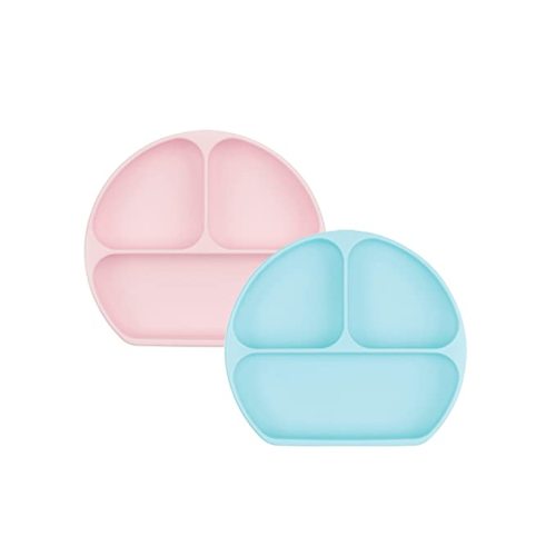 Bumkins Toddler and Baby Suction Plate, Divided Grip Dish for Babies and Kids, Baby Led Weaning, Feeding Supplies, Sticks to Tables and Highchairs, for Chidren 6 Months, 2-pk Blue and Pink - G1 Blue, Pink-GD - 3-Section
