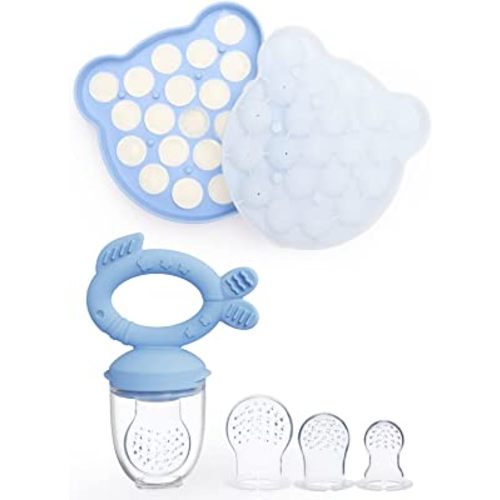 Dilovely Baby Fruit Feeder & Babies Food Freezer Trays with Lid, Pacifier Feeder, Silicone Food Molds Trays for Homemade Baby Food, Frozen Breast Milk Cube, BPA Free Blue