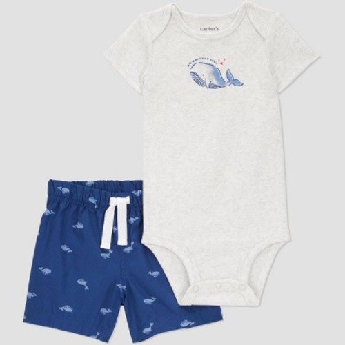 Carter's Just One You® Baby Boys' 2pc Whales Top & Bottom Set - Gray/Navy Blue 3M: Elastic Waistband