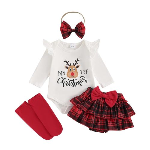 FYBITBO Newborn Baby Girl Christmas Outfits Cute Letter Romper Ruffle Plaid Skirt Dress Infant Christmas Outfit Clothes Set