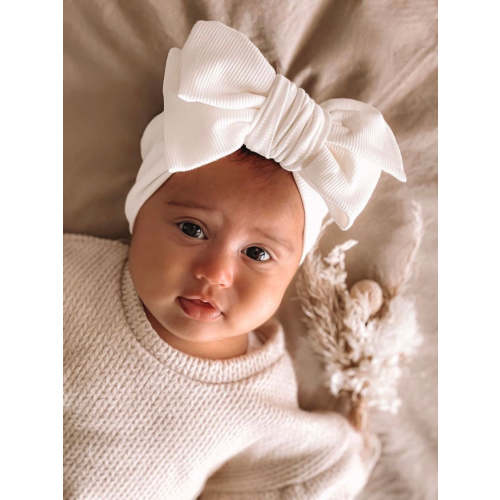 OVERSIZED RIBBED COTTON TOPKNOT BOW HEADBAND - WARM WHITE