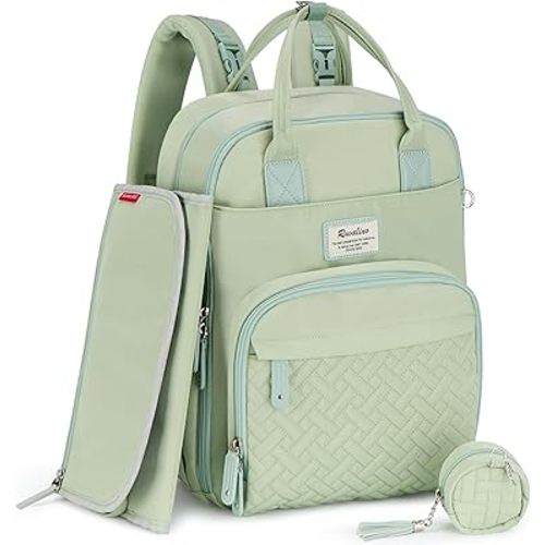 RUVALINO Diaper Bag Backpack, Multifunction Travel Pack Maternity Baby Changing Bags, Large Capacity, Waterproof, Light Green