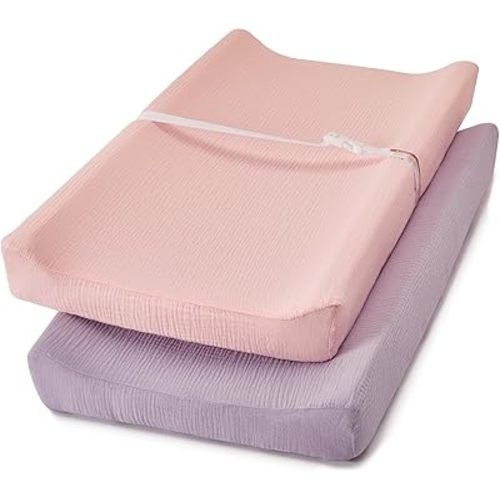 TILLYOU Muslin Changing Pad Cover Set 2 Pack - Soft and Breathable Baby Diaper Changing Table Pad Cover, Light Purple&Light Pink, 32"x16"