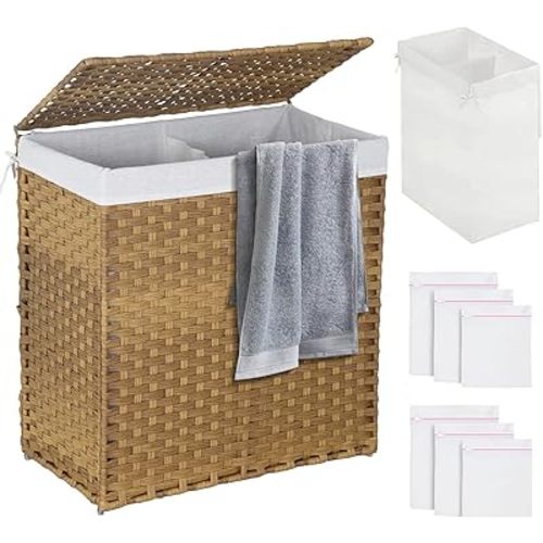 HKLGorg Wicker Laundry Hamper 110L with Lid & 2 Removable Liner Bags for Bedroom & Bathroom, Natural