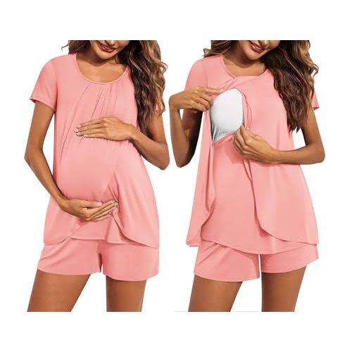 Ekouaer Women's Maternity Nursing Pajamas Set Breastfeeding Sleepwear Double Layer Short Sleeve Top & Shorts Nursing Pjs