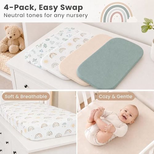 4 Pack Bassinet Fitted Sheets Compatible with 21" x 35" Amke, Ezebaby, Evolur Stellar and Mereryi Baby Bassinet, Soft and Skin-Friendly, Mint Green and Color Rainbow