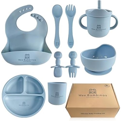 Silicone baby feeding set, 10 pcs baby silicone feeding set, baby plates and bowls set, baby led weaning set, baby plates and utensils set, baby eating set, platos para bebes (Blue)