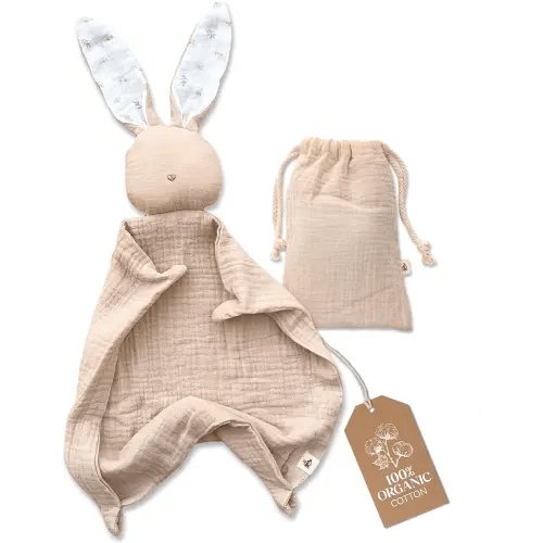 Mikito Organic Cotton Baby Muslin Lovey Bunny - Oeko-TEX & GOTS Certified - Security Blanket & Perfect Loveys for Babies - Unisex New Baby Gift for Ultimate Comfort & Peaceful Dreams
