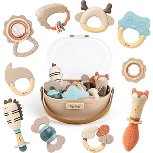Baby Rattles & Teethers Set – Baby Toys 0-6 Months, Teething Toys 3-6 Months, Sensory Toys with Soft Textures, Gentle Sounds & Easy-Grip Shape, Neutral Newborn Gift(10-Pack)