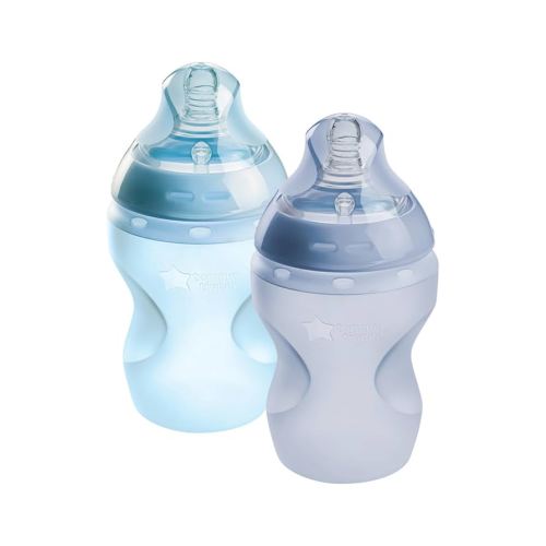 Tommee Tippee Natural Start Anti Colic BPA Free Silicone Baby Bottles, 9oz, Newborn 0+ Months, Silicone Feels Like Mother's Skin, Slow Flow Breast-Like Teat, Blue, Pack of 2