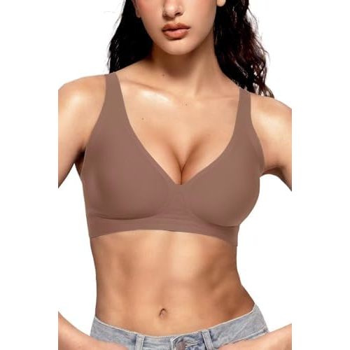 Vertvie Jelly Wireless Bras for Women Push Up Plunge Seamless T-Shirt Bras No Underwire Supportive Full Coverage Bralettes
