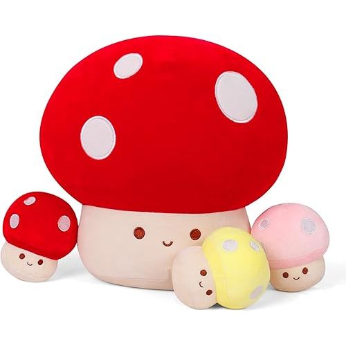 4PCS Mushroom Plush, 12 Inch Mushroom Plush Pillow with 3 Babies, Mushroom Stuffed Animals, Plush Toy Pillows, Mushroom Stuffed Pillow Room Decor Gift for Kids Adults