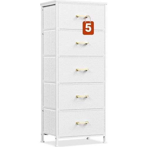 White Tall Dresser for Bedroom with 5 Drawers for Closet, Chest of Drawers with Metal Handle, Leather Front, Wood Top, Dresser for Closet, Living Room, Nursery, White