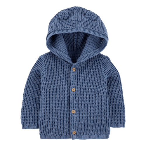 Baby Hooded Waffle Knit Cardigan - Navy Blue