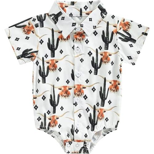 Karuedoo Western Baby Boy Clothes Cow Print Shirt Romper Infant Short Sleeve Button Down Bodysuit One Piece Gentleman Outfit