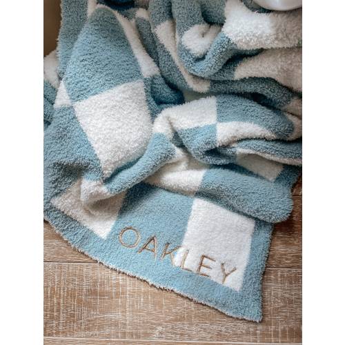 Super Soft Cozy Checkered & Solid Embroidered  Baby Toddler Decorative Blanket