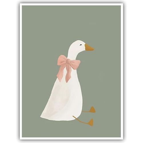 Cute Goose Posters Funny Silly Goose Wall Art Sage Green Nursery Decor Coquette Pink Bow Canvas Prints Farm Animal Aesthetic for Girl's Room Bedroom Dorm Bathroom Home Print 16x24in Unframed