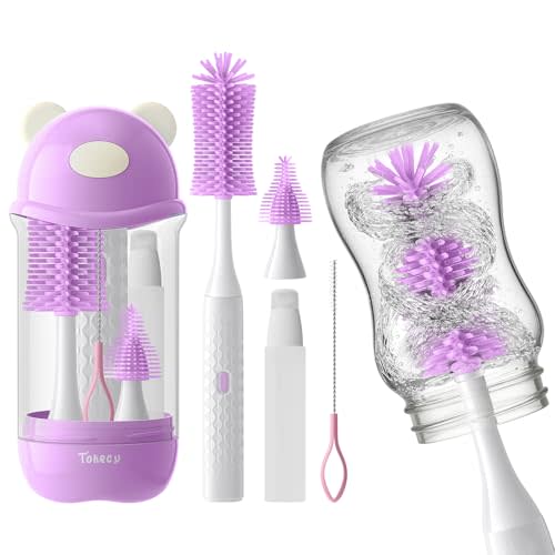 Electric Bottle Brush Cleaner Set, Bear-Shaped Travel Baby Bottle Cleaner Kit with Silicone Nipple & Straw Brush, Soap Dispenser, Drainage Rack, Storage Box(Purple)