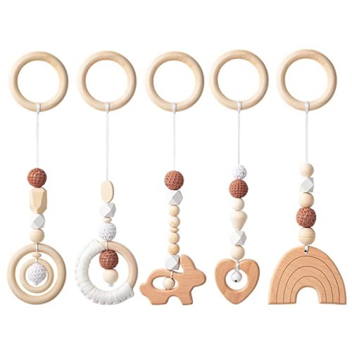 5Pcs Baby Play Gym Toy Set Wooden Hanging Toy Infant Play Gym Activity Rattles Toy Wooden Nursing Pendant Gym Rings Sensory Toys Newborn Birthday Gifts for Boys Girls - White