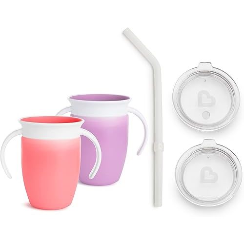 Munchkin® Miracle® 360 Trainer Sippy Cup - Converts to Straw Cup and Open Training Cup, 7oz, Pink/Purple