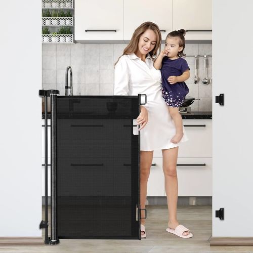 42-Inch Extra Tall Baby Gate 56" Wide Tall Dog Gate Retractable Baby Gates Adjustable Dog Gates for The House Indoor and Outdoor Pet Gate Mesh Pet Gate for Stairs, Doorways, Hallways, Black