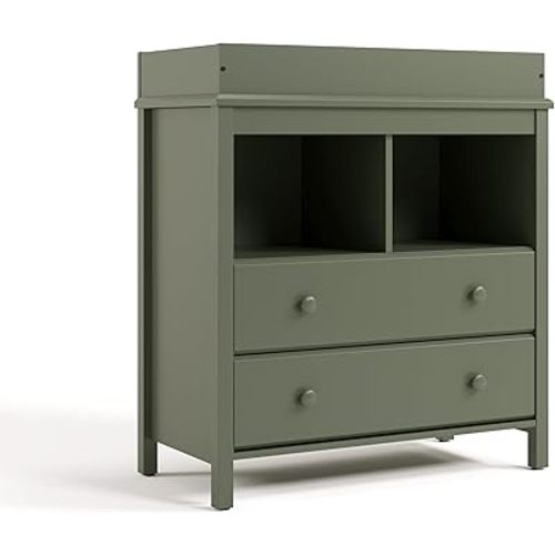 Storkcraft Alpine 2 Drawer Changing Table Chest - Attached Changing Table Topper Fits Any Standard-Size Baby Changing Pad, 2 Drawers, 2 Shelves for Extra Nursery Storage, Easy to Assemble, Olive
