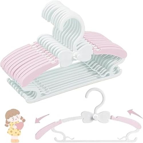 28-37 cm Children's Plastic Hangers – 20 x Stackable Children's Clothes Hangers, Non-Slip Stretchy Baby Hangers for Children and Babies Clothes – Space-Saving – Pink and White