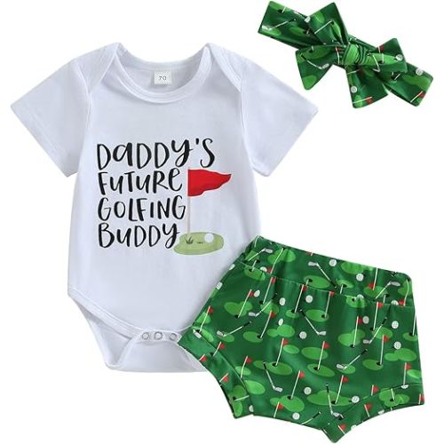 Baby Girl Golf Outfits Letters Print Short Sleeve Romper Golf Bummie Shorts Headband Set Cute 3Pcs Summer Outfit
