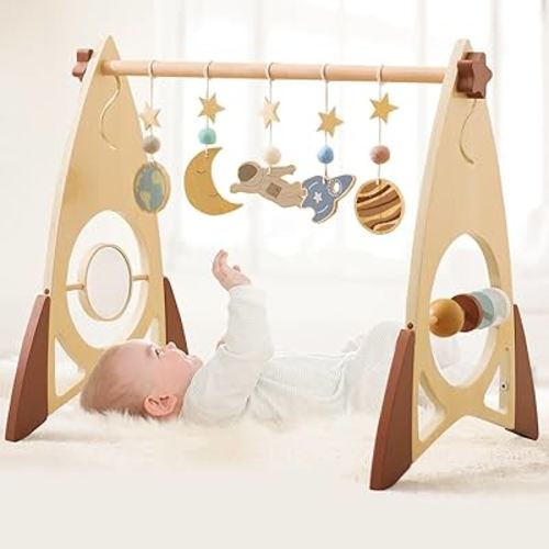 Wooden Rocket Baby Gym | Adjustable Height Baby Play Gym | Playmat Activity Gym for Baby Girls and Boys | Play Gym Toys Hanging with 5 Pieces Space Theme Baby Wooden Toys