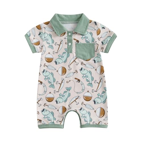 Newborn Infant Baby Boy Fishing Outfit First Birthday Clothes Summer Short Sleeve Romper Jumpsuit