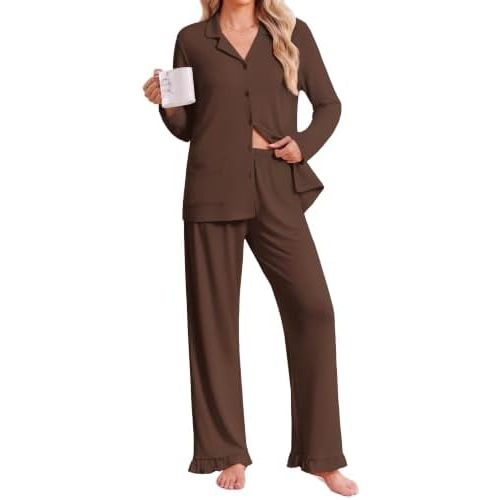 Ekouaer Pajamas for Women Set Button Up Pj Soft Long Sleeve Lounge Sets