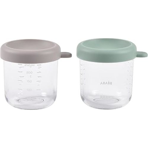 Beaba 2 Pack Glass Baby Food Jars with Soft Silicone Air Tight Lids, 8 oz Glass Storage Containers with Lids, Microwave and Freezer Safe Containers, Sage