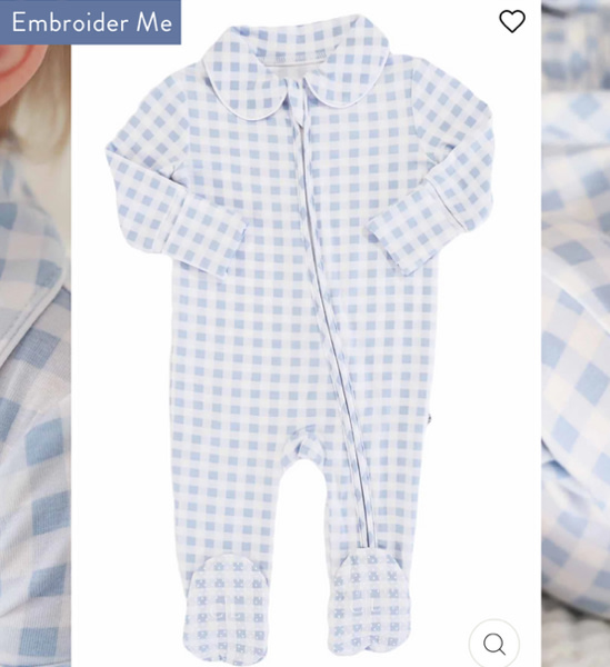 Peter Pan Collar Zipper Footie in Dusty Blue Gingham | Caden Lane