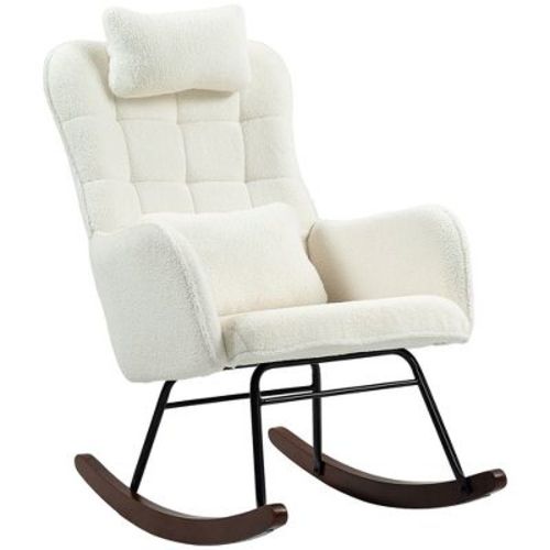 Homcom Upholstered Rocking Chair With Headrest And Lumbar Pillow, High-back Teddy Fleece Rocker With Steel Frame For Living Room, Bedroom, Light Gray