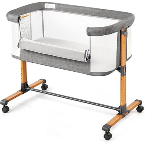 Ktaxon Baby Bassinet Bedside Bassinet, Baby Cradle with Machine-Washable Sheets, Four-Sided Breathable Mesh, 6 Height Adjustable, 360°Swivel Wheel with Brake, Elegant Wood Grain Leg