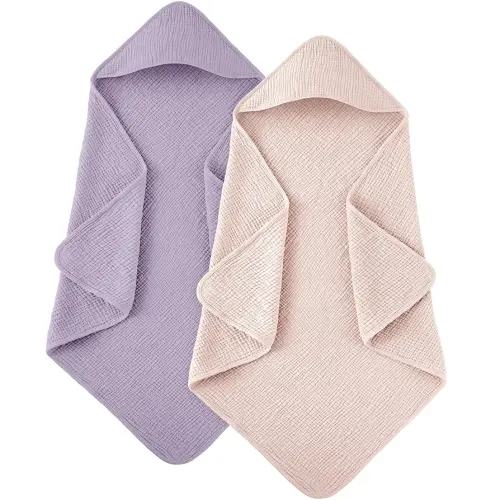 Susurration Hooded Baby Towels for Newborn 2 Pack 100% Muslin Cotton Towel for Babies,Highly Absorbent and Newborn Essential 30x30 Inch Pink&Purple