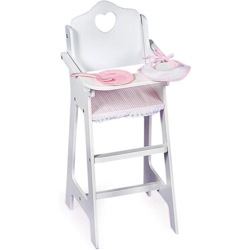 Badger Basket Wooden Doll High Chair with Feeding Tray, Bib, Personalization Kit, and Accessories - Fits 18-Inch Dolls, White with Pink Gingham Seat for Pretend Play