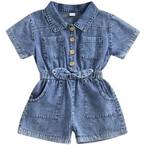Aopwsrlyi Toddler Baby Girl Overalls Short Sleeves Romper Jumpsuit Elastic Waist Button Down Jean Romper with Pockets